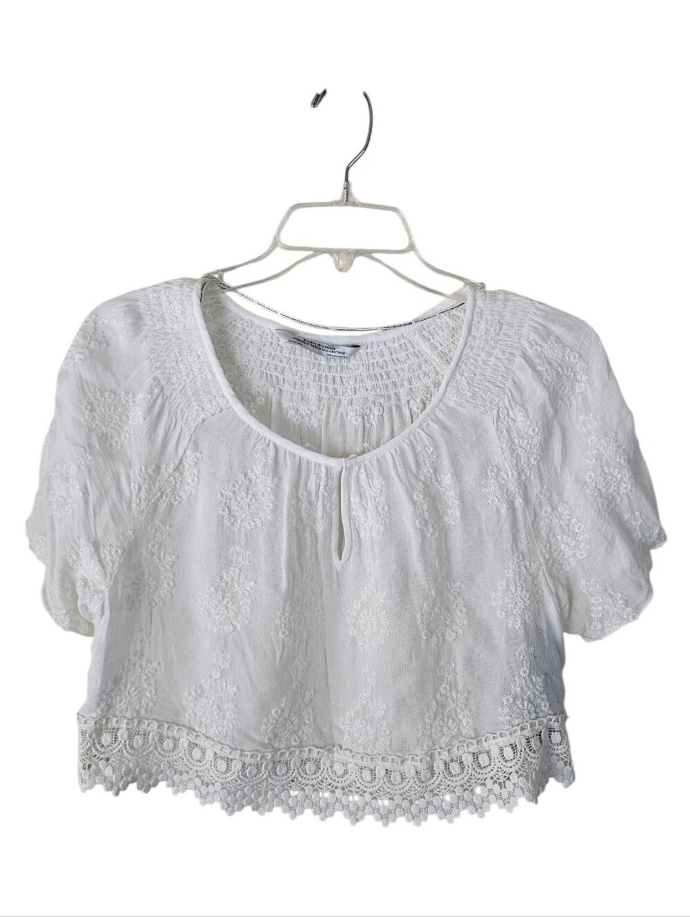 Zara White Cropped Embroidered Peasant Top